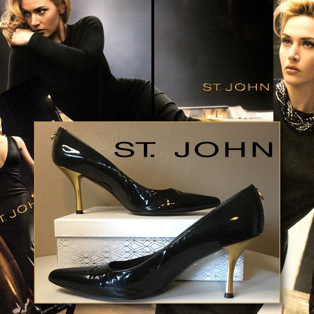 ST JOHN Black Soft Patent with Matte Gold Heel Pumps - Picture 1 of 15